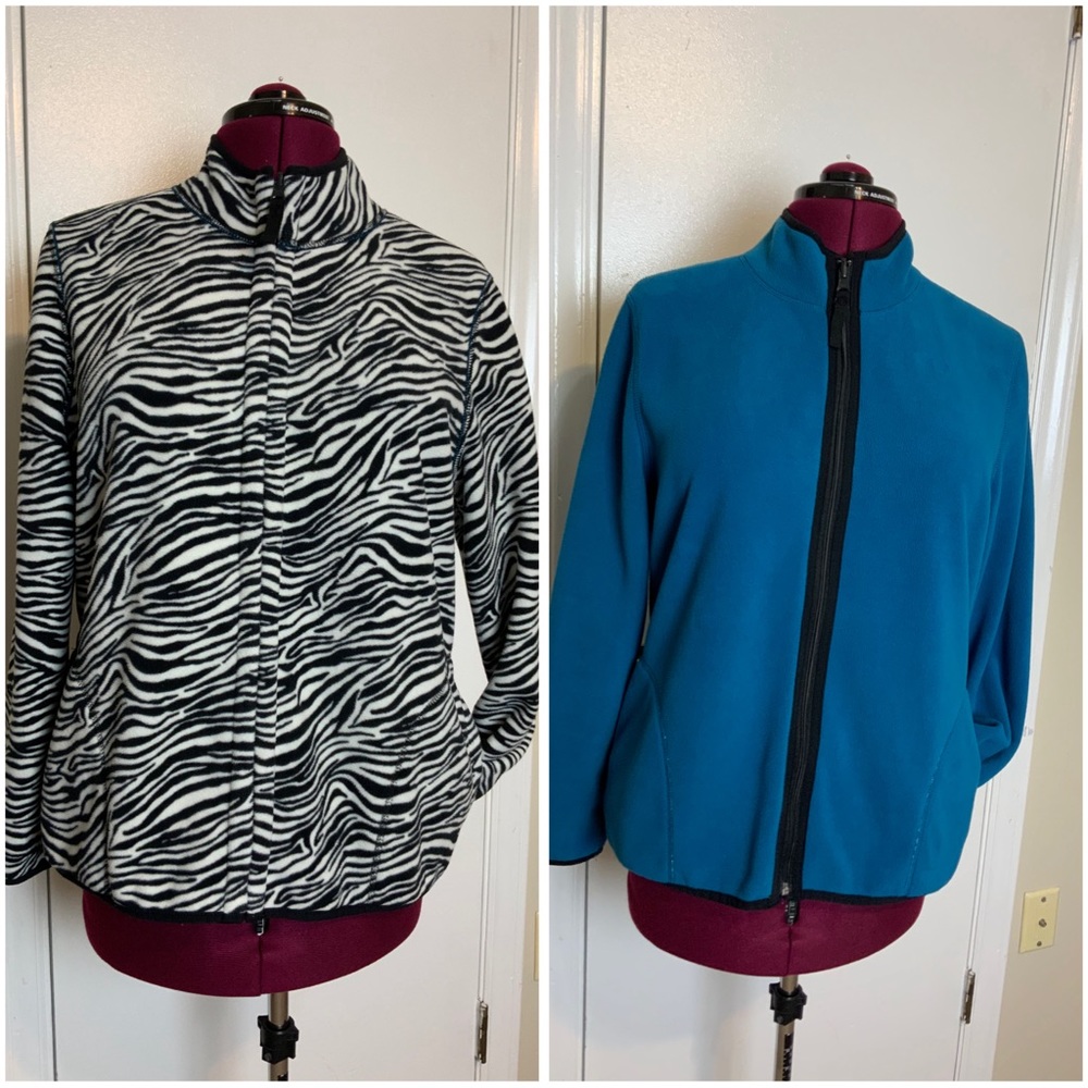 EUC Kim Rogers Zip-Up Reversible Fleece Jacket zebra print & Turquoise